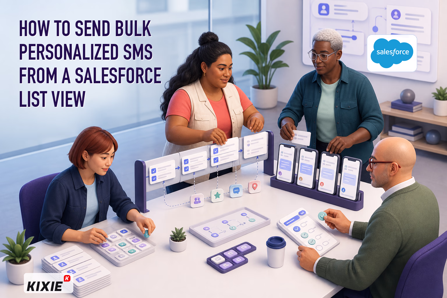Kixie branded header illustration for How to Send Bulk Personalized SMS from a Salesforce List View