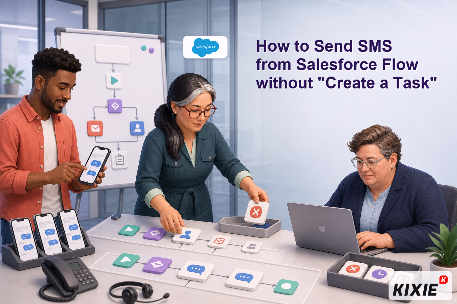 Kixie branded header illustration for How to Send SMS from Salesforce Flow without "Create a Task"