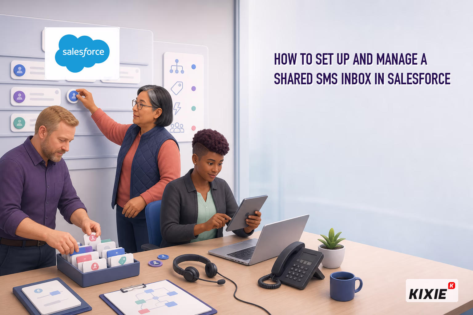Kixie branded blog header for How to Set Up and Manage a Shared SMS Inbox in Salesforce