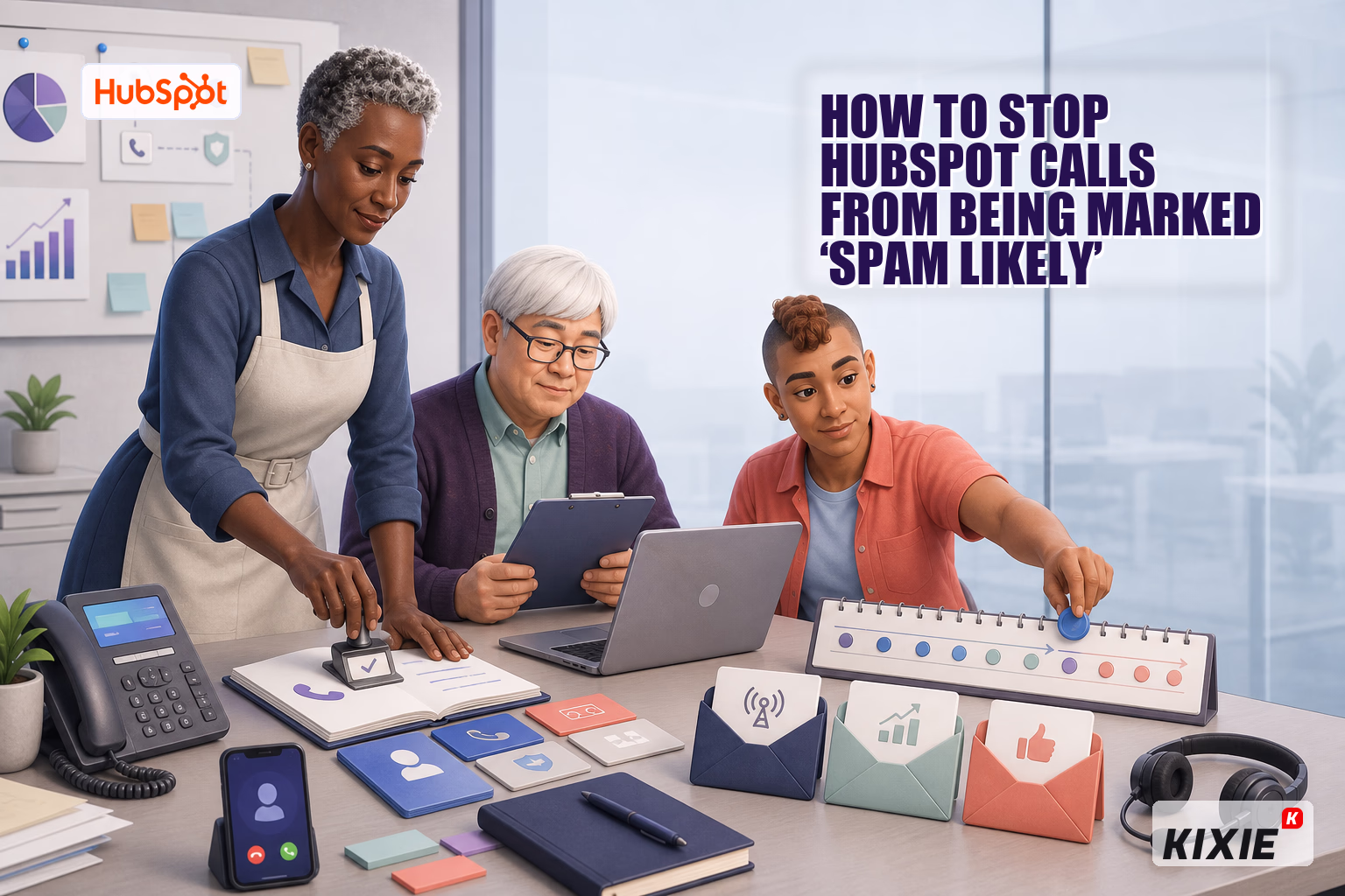 Kixie branded header illustration for How to Stop HubSpot Calls from Being Marked ‘Spam Likely’