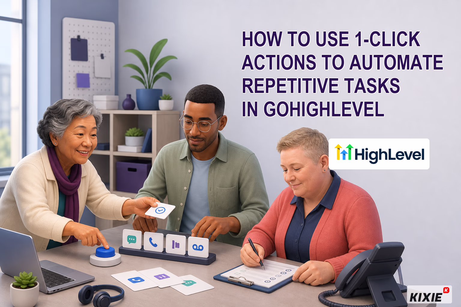 Kixie branded header illustration for How to Use 1-Click Actions to Automate Repetitive Tasks in GoHighLevel