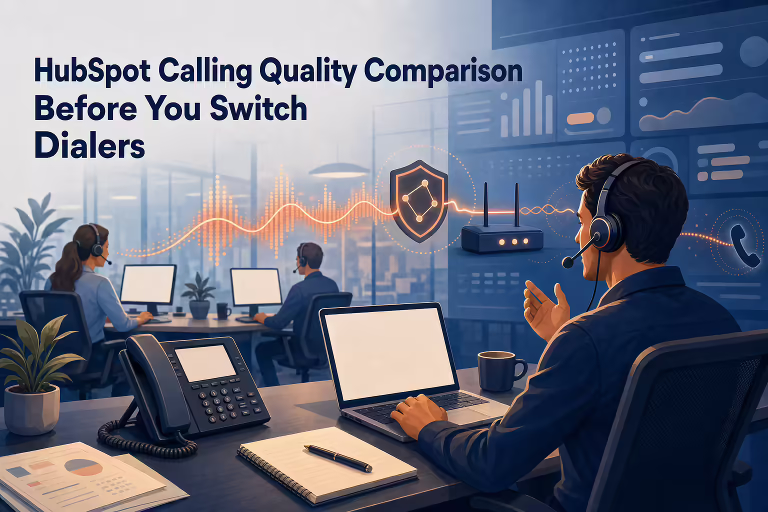 Sales rep on a headset in an inside-sales office with an audio waveform passing through a network gateway and router, under the article title HubSpot Calling Quality Comparison Before You Switch Dialers