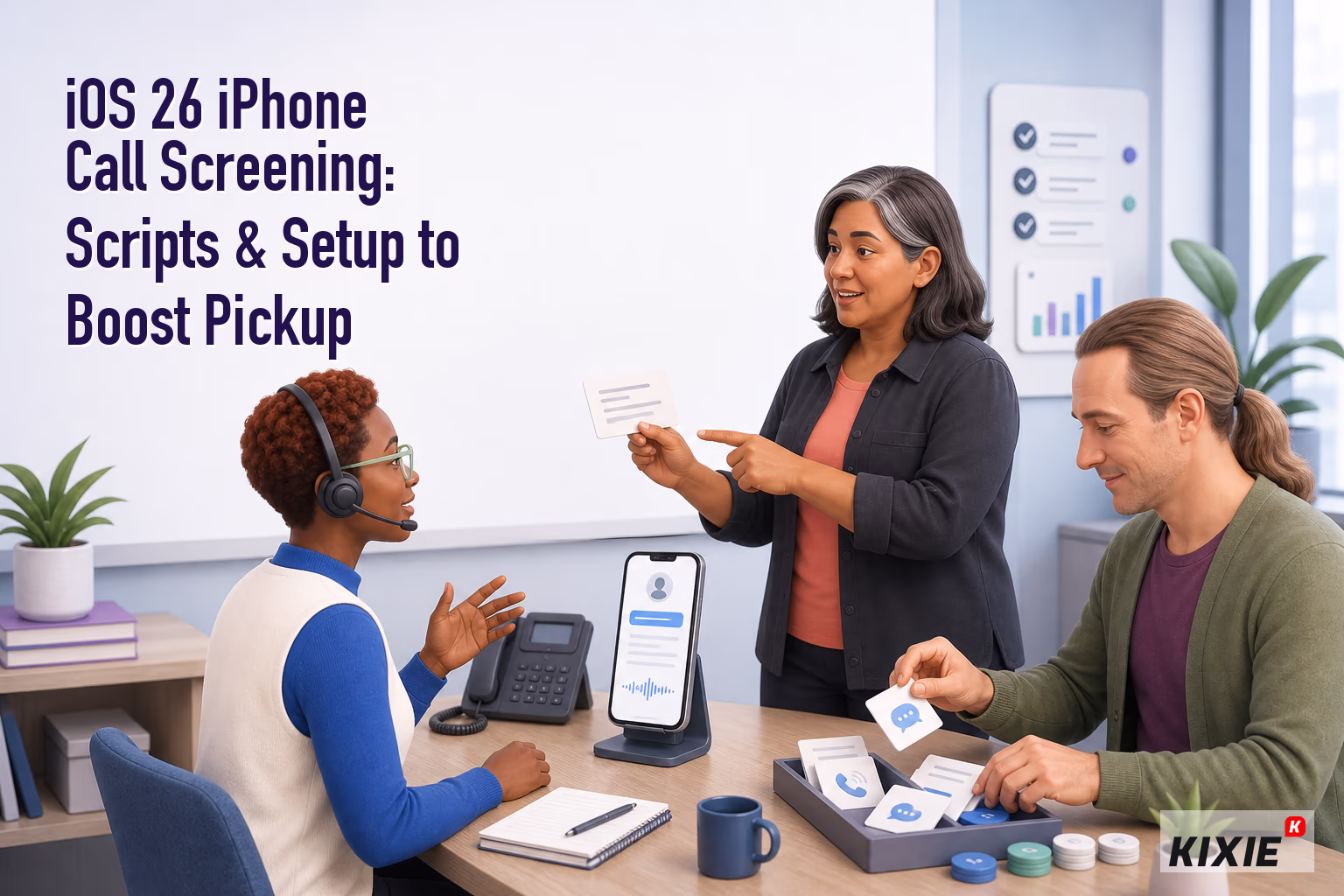 Kixie branded header illustration for iOS 26 iPhone Call Screening: Scripts & Setup to Boost Pickup