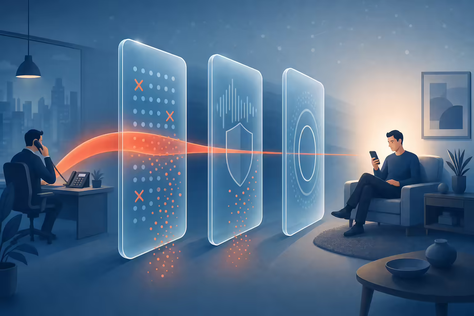 An outbound business call passing through screening layers before reaching a consumer looking at their phone at home