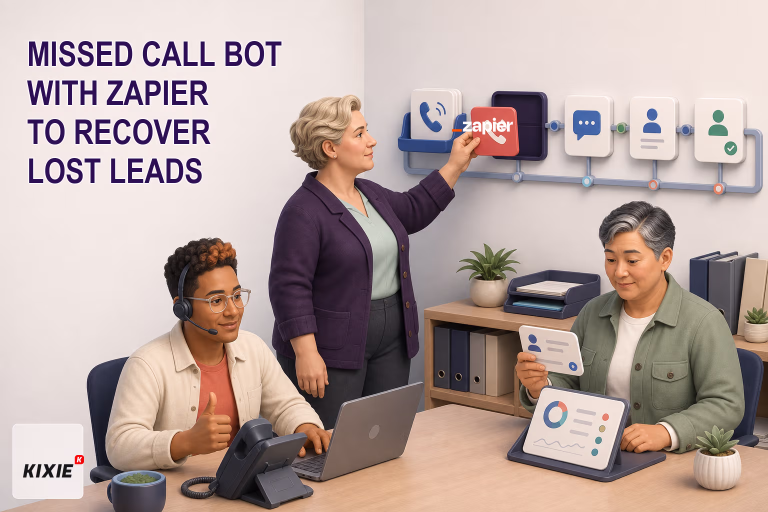 Kixie branded header illustration for Missed Call Bot With Zapier to Recover Lost Leads