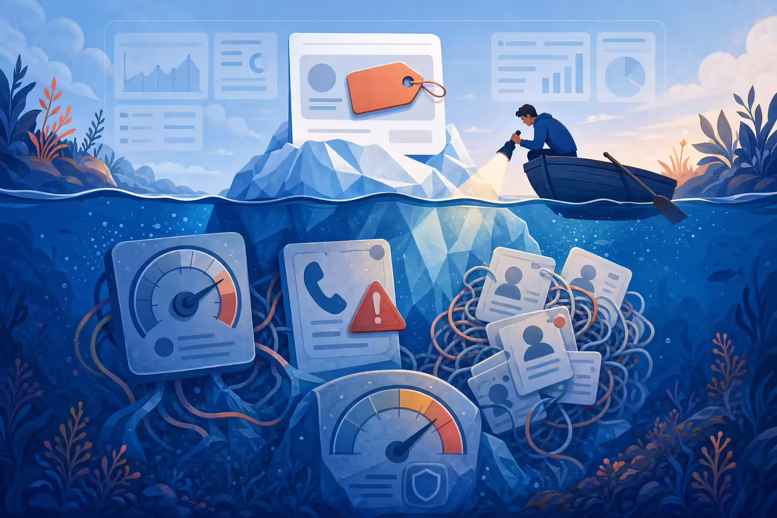 Iceberg view of parallel dialer costs: the subscription price above the waterline, with telco usage, flagged numbers, dirty lists, and compliance below it