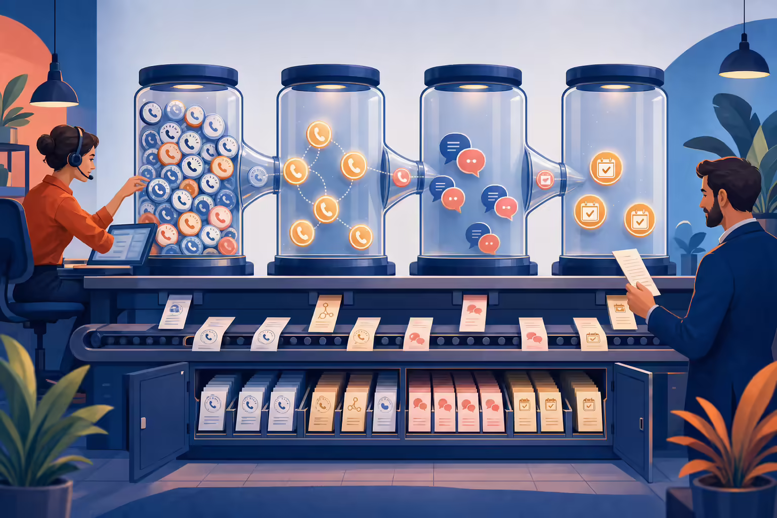 Value chain from many dial attempts to fewer connects, conversations, and booked next steps, each stage leaving a record in the CRM