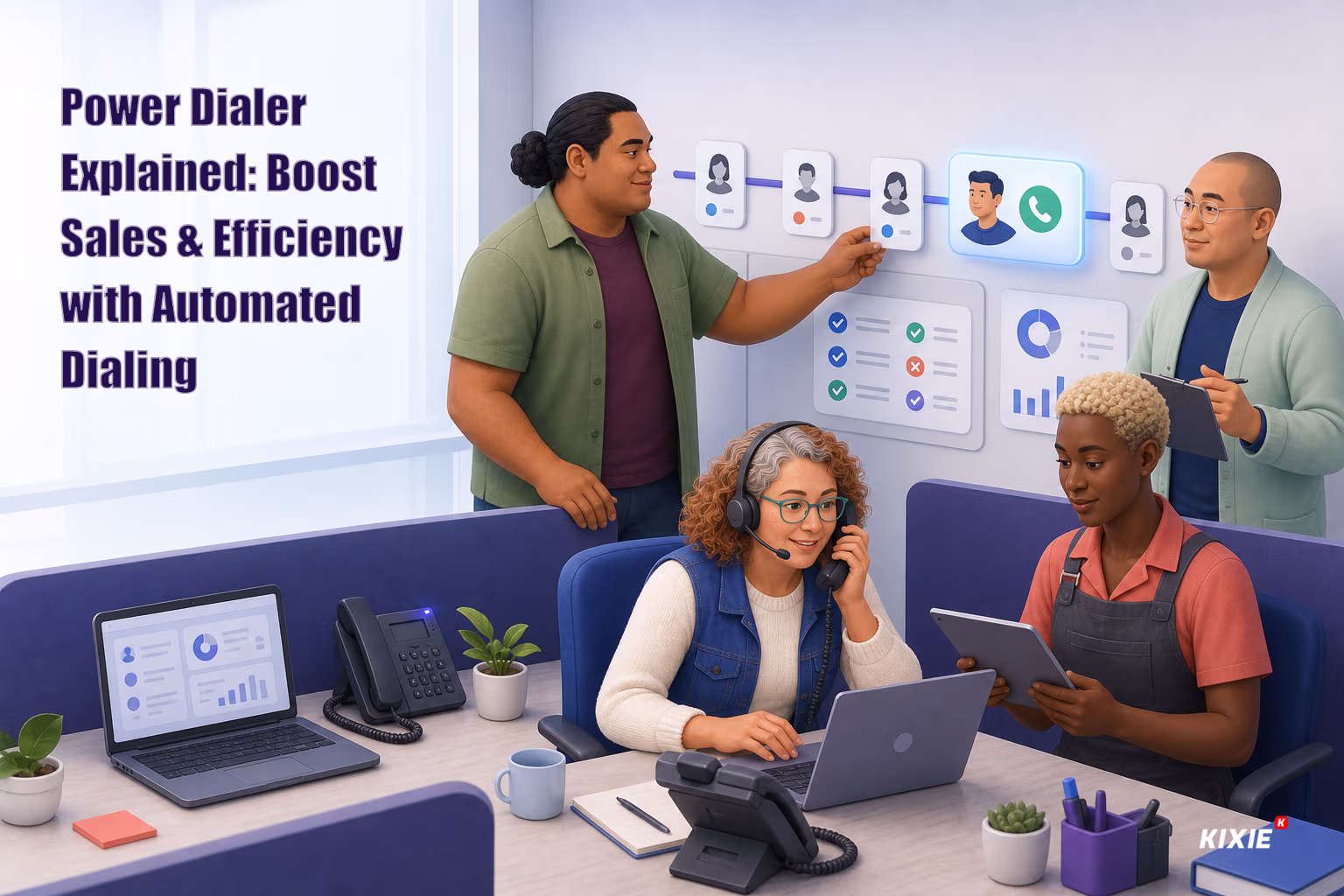 Kixie branded header illustration for Power Dialer Explained: Boost Sales & Efficiency with Automated Dialing