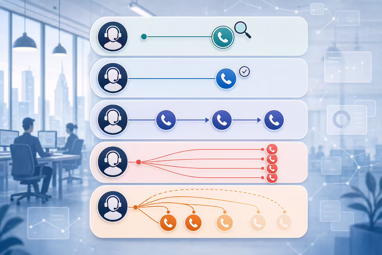 Five outbound calling pacing patterns compared: preview, progressive, power, parallel and predictive dialing shown as call lanes per rep.