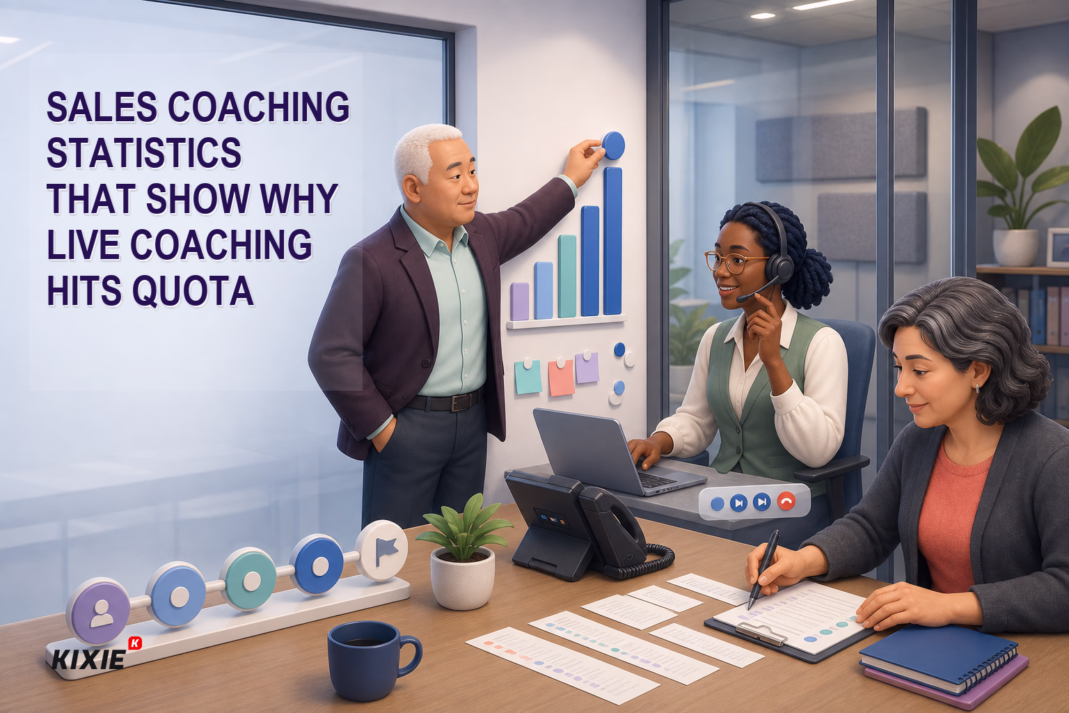 Kixie branded header illustration for Sales Coaching Statistics That Show Why Live Coaching Hits Quota