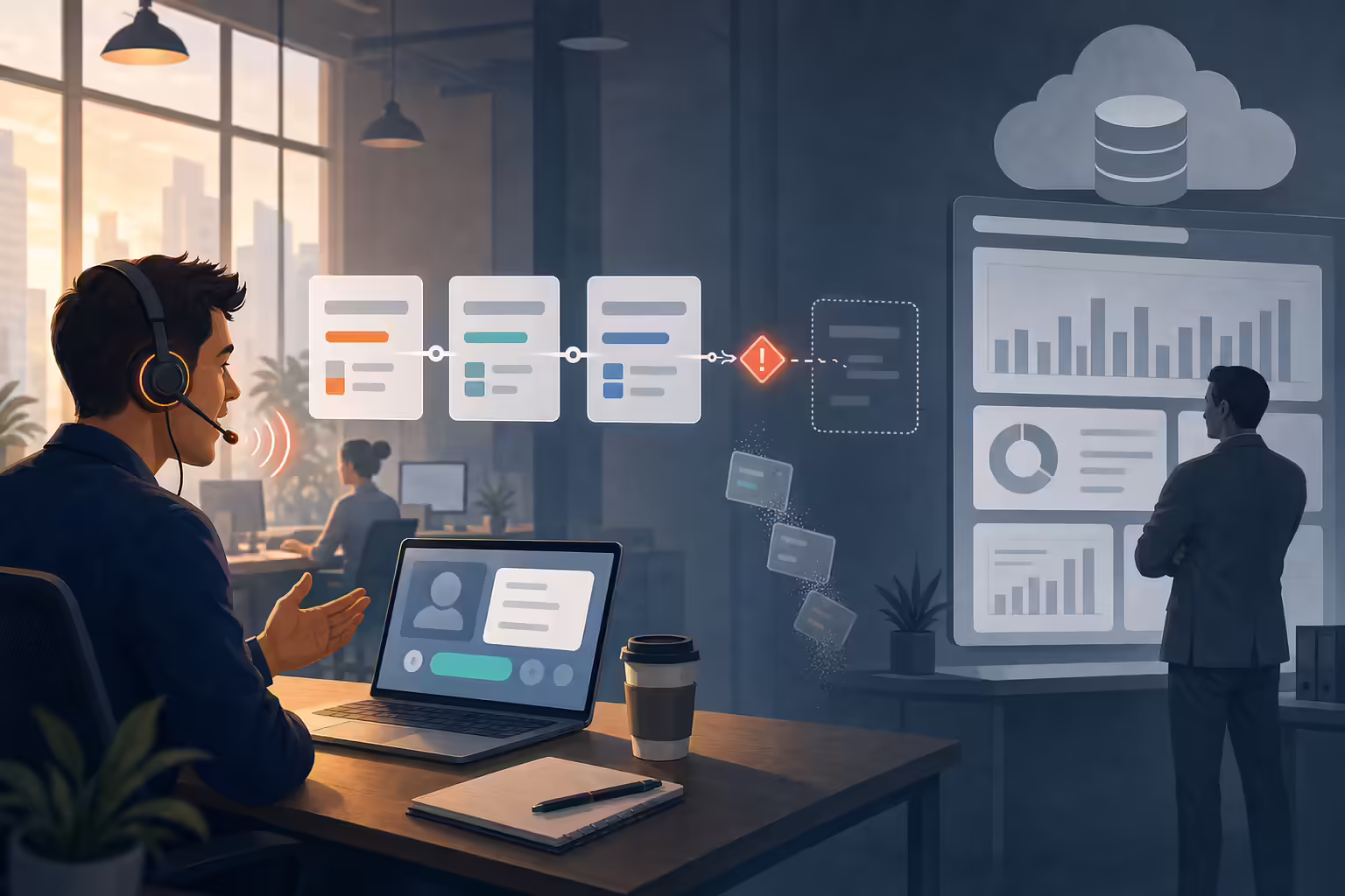 A completed sales call whose activity record never reaches Salesforce, with the sync chain breaking before the CRM and the manager dashboard left empty.