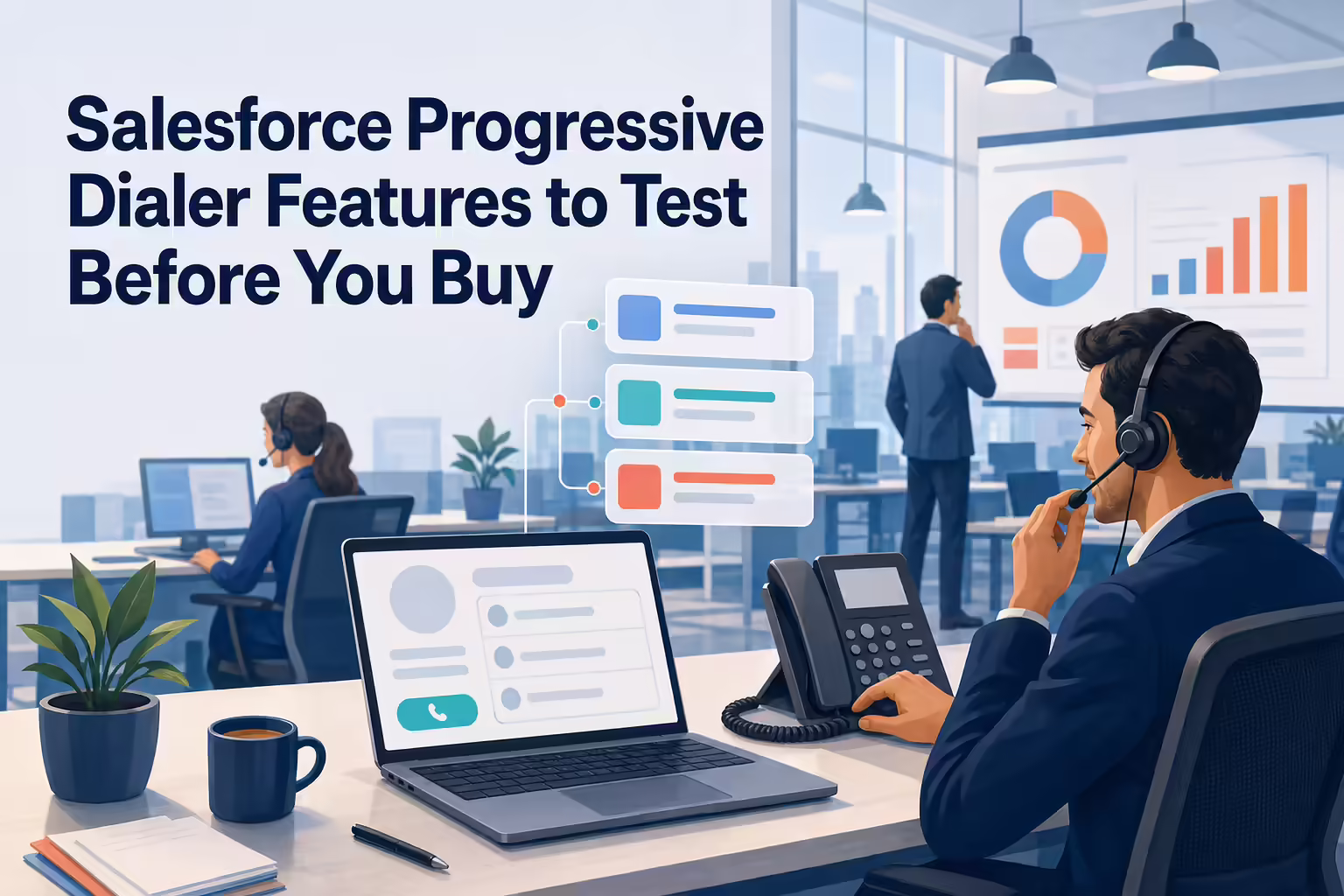 Salesforce Progressive Dialer Features to Test Before You Buy, with a sales rep on a headset working a call queue in Salesforce.