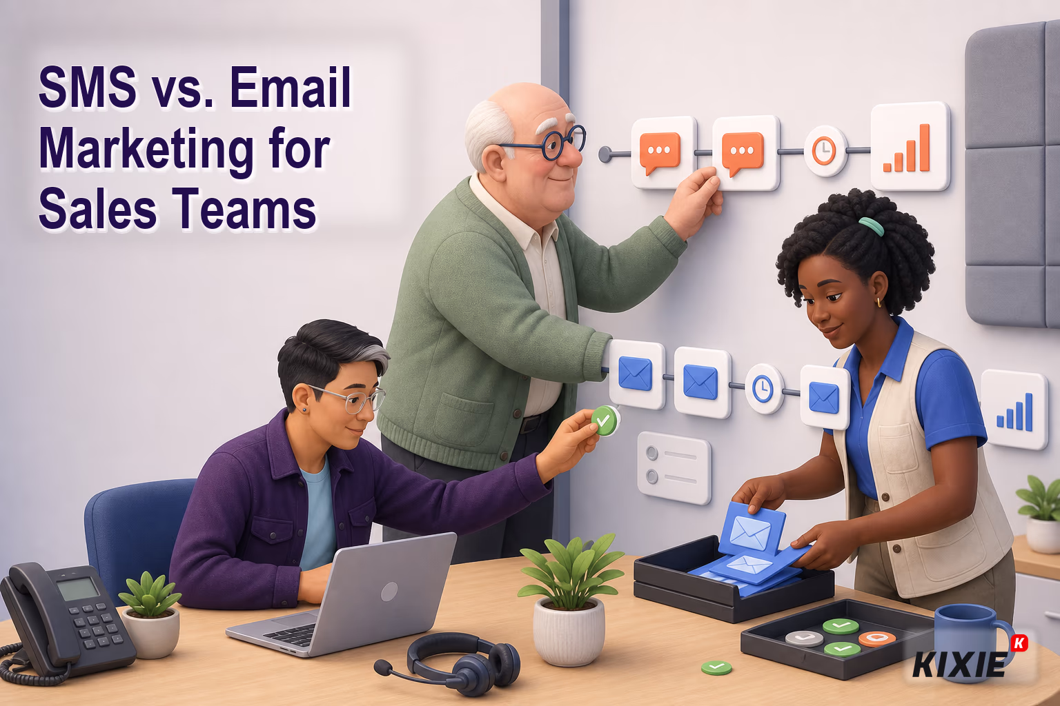 Kixie branded header illustration for SMS vs. Email Marketing for Sales Teams