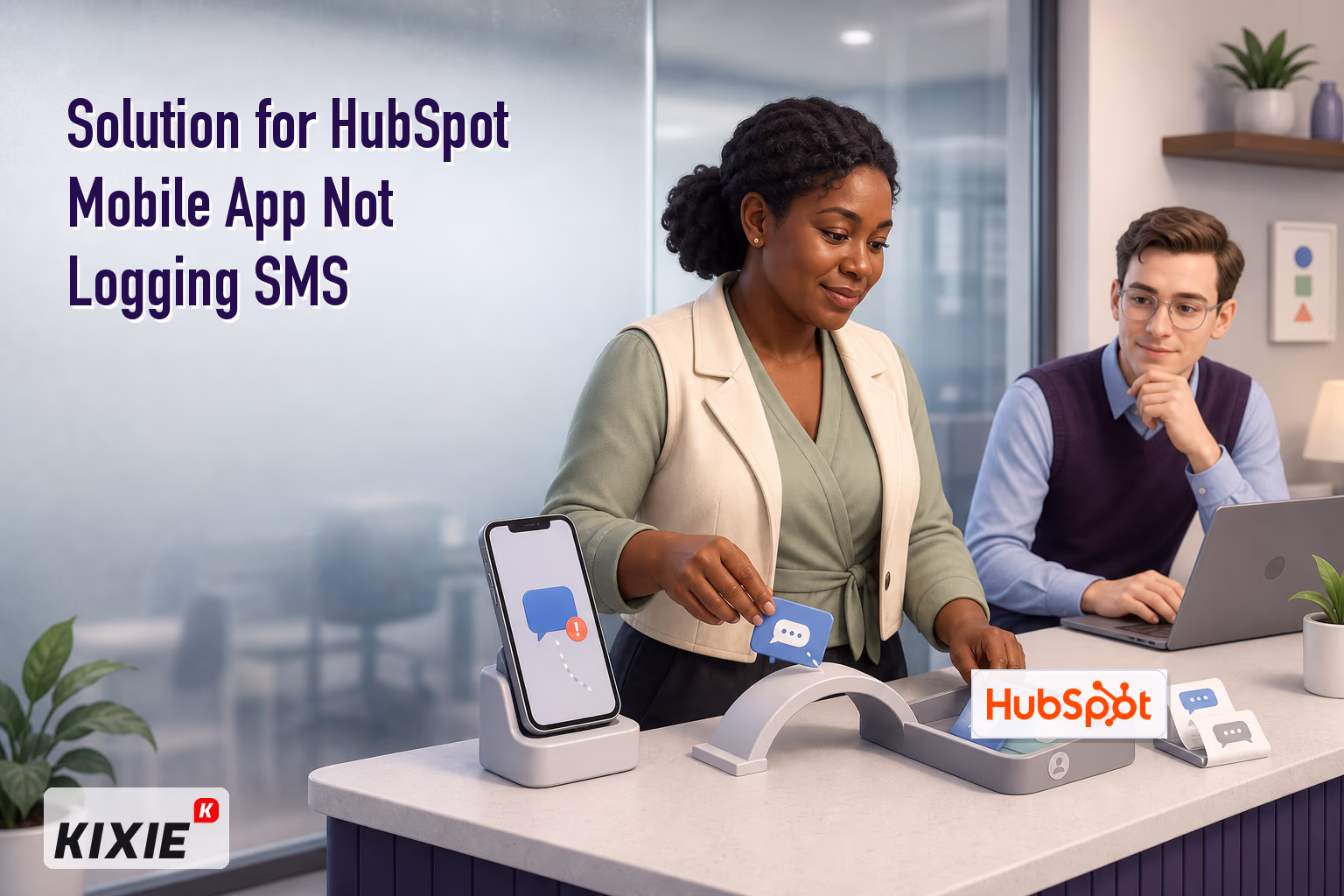 Branded Kixie illustration for Solution for HubSpot Mobile App Not Logging SMS