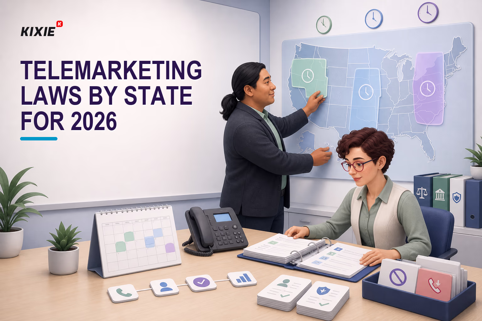 Kixie branded header illustration for Telemarketing Laws by State for 2026