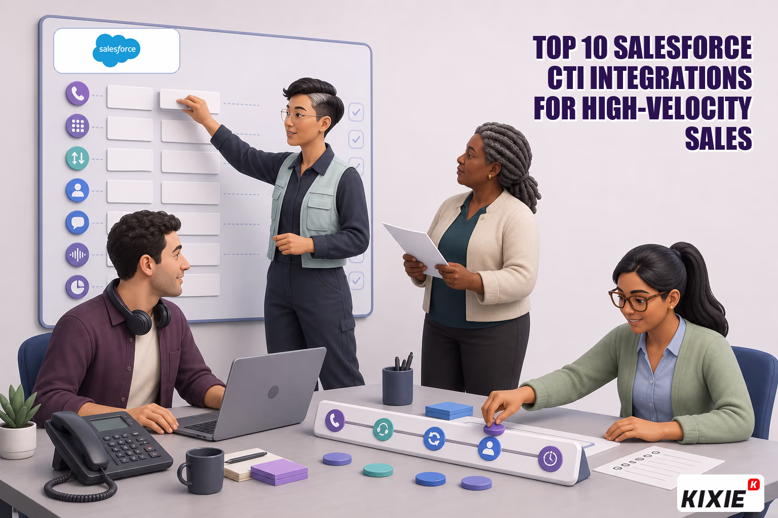 Kixie branded header illustration for Top 10 Salesforce CTI Integrations for High-Velocity Sales