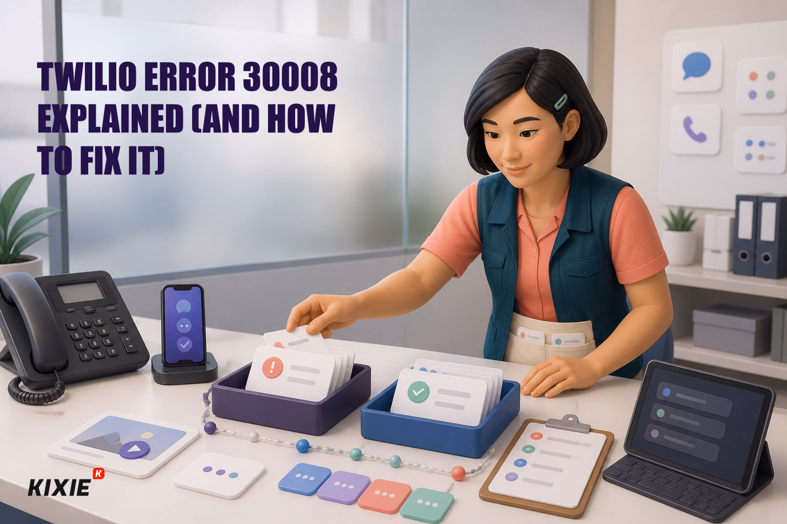Kixie branded header illustration for Twilio Error 30008 Explained (And How to Fix It)