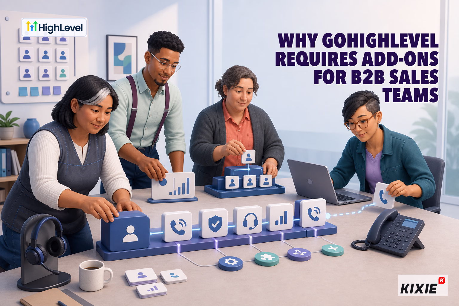 Kixie branded header illustration for Why GoHighLevel Requires Add-ons for B2B Sales Teams