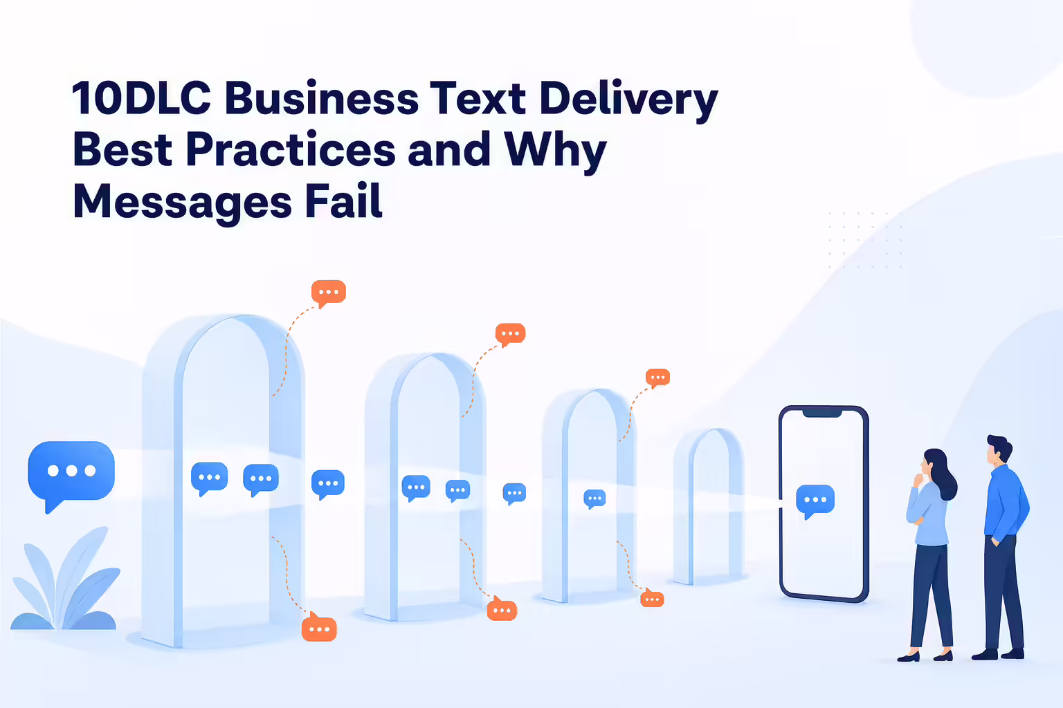 Business text messages travelling through a series of approval gateways, with some messages filtered out at each gate before one reaches a phone