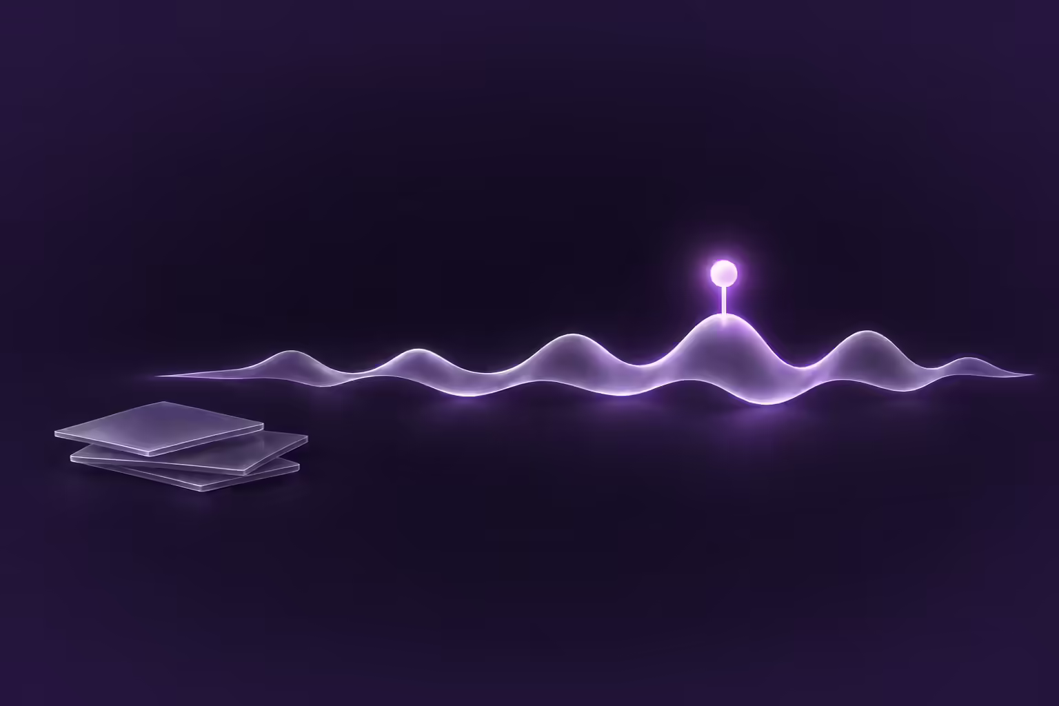 Frosted glass audio waveform on a dark purple ground with a single glowing marker standing on one peak, and a separate unlit stack of glass plates set apart from it