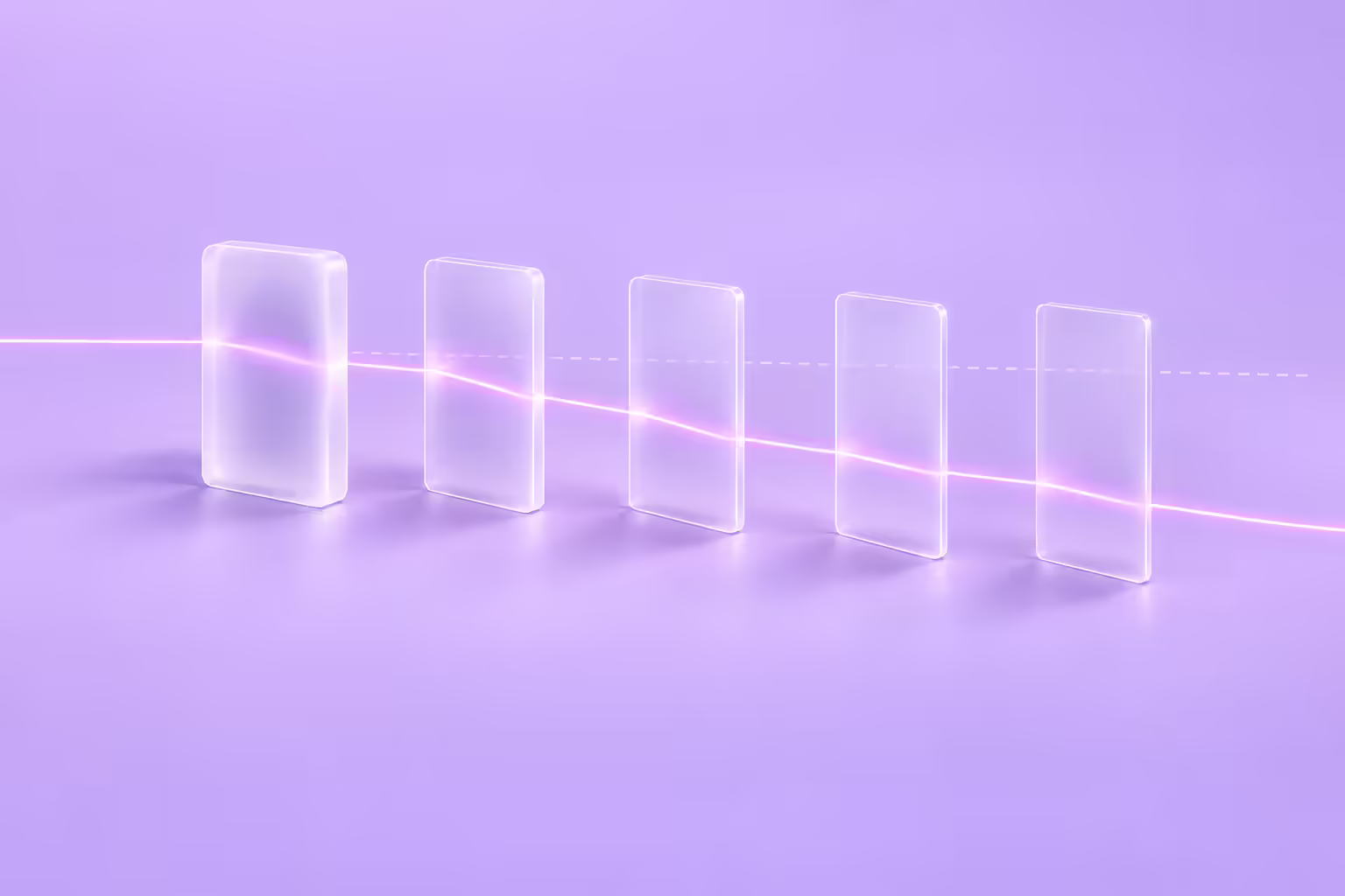 Five frosted glass panels in a row on a pale lavender ground with a glowing thread passing through them, bent at the first panel and drifting further from a dashed straight reference line at each following panel