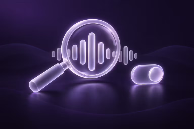 Frosted glass magnifying glass inspecting a soundwave beside a toggle switch on a dark ink gradient