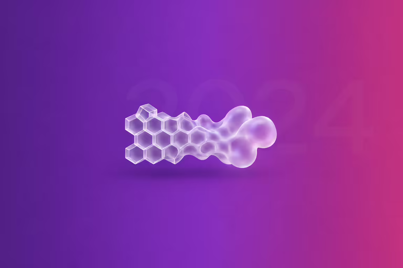 A single translucent frosted glass form on a purple to magenta gradient, rigid hexagonal lattice cells at one end melting into a smooth billowing cloud at the other