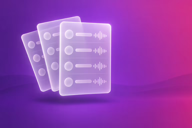 Fan of three frosted glass call-record cards with waveform strips on a purple to magenta gradient