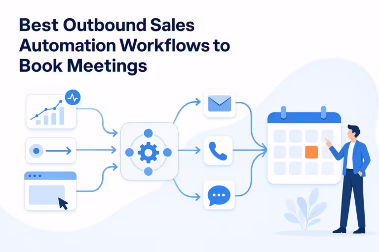 Buying signals feeding an automation hub that coordinates email, calling and messaging, ending in a booked meeting slot on a calendar