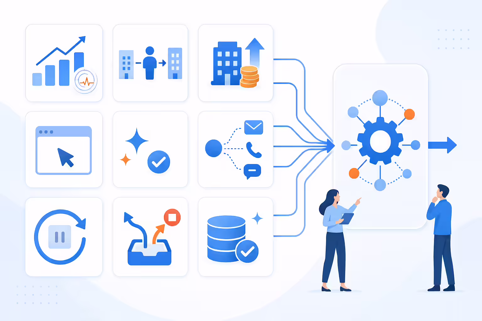 Nine outbound trigger types, from intent signals, job changes and funding events to website visitors, AI-assisted research, multichannel branching, opportunity reactivation, reply classification and CRM hygiene, all feeding one shared automation engine