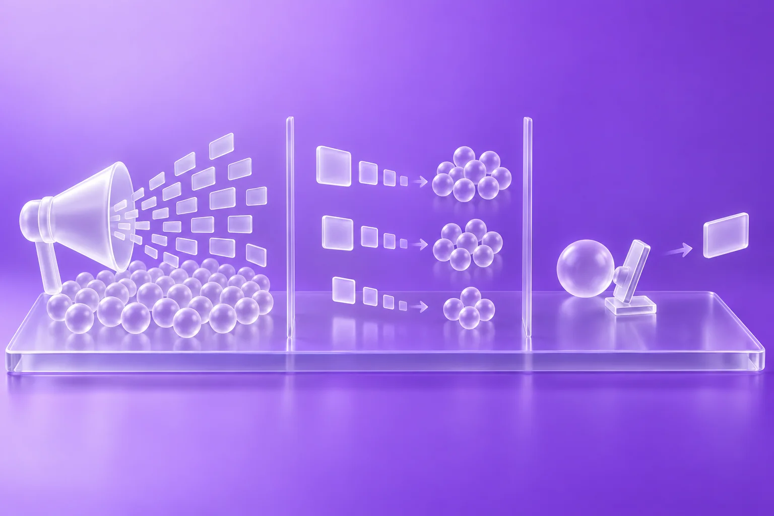 Three frosted glass panels on a purple gradient comparing a broadcast megaphone reaching a wide crowd, segmented messages flowing to grouped audience clusters, and a single trigger sending one message