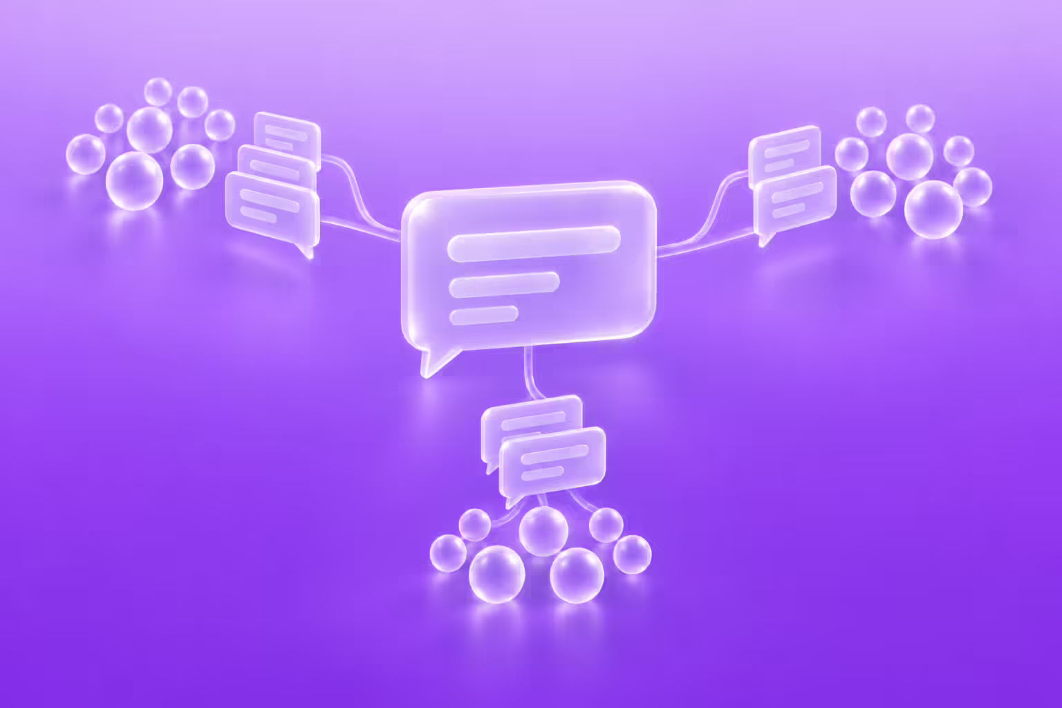 Frosted glass chat message panel connected to three separate clusters of glass spheres on a purple gradient, representing one SMS campaign distributed to segmented audiences