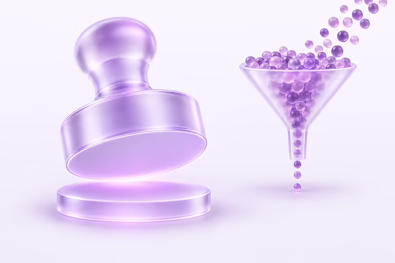 Frosted glass seal press with a blank face hovering above a glass disc on a pale violet ground, beside a glass funnel narrowing a mass of violet beads to a single file trickle.
