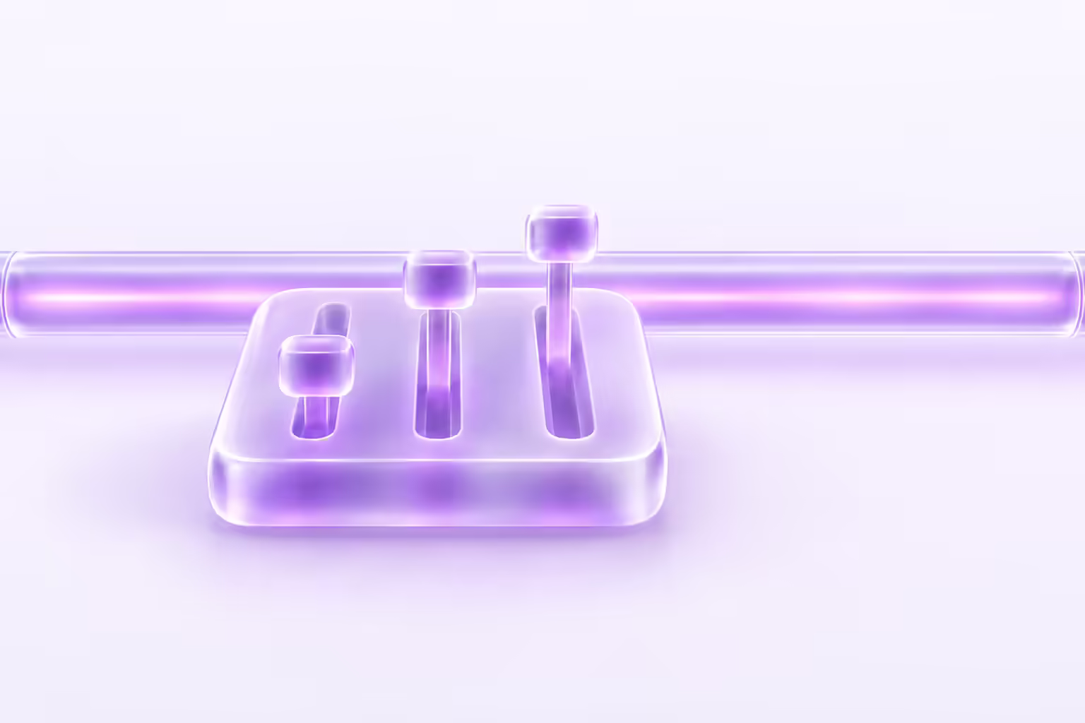 Frosted glass console with three raised sliders at different heights on a pale violet ground, with a sealed glass pipe running straight past behind it, untouched.