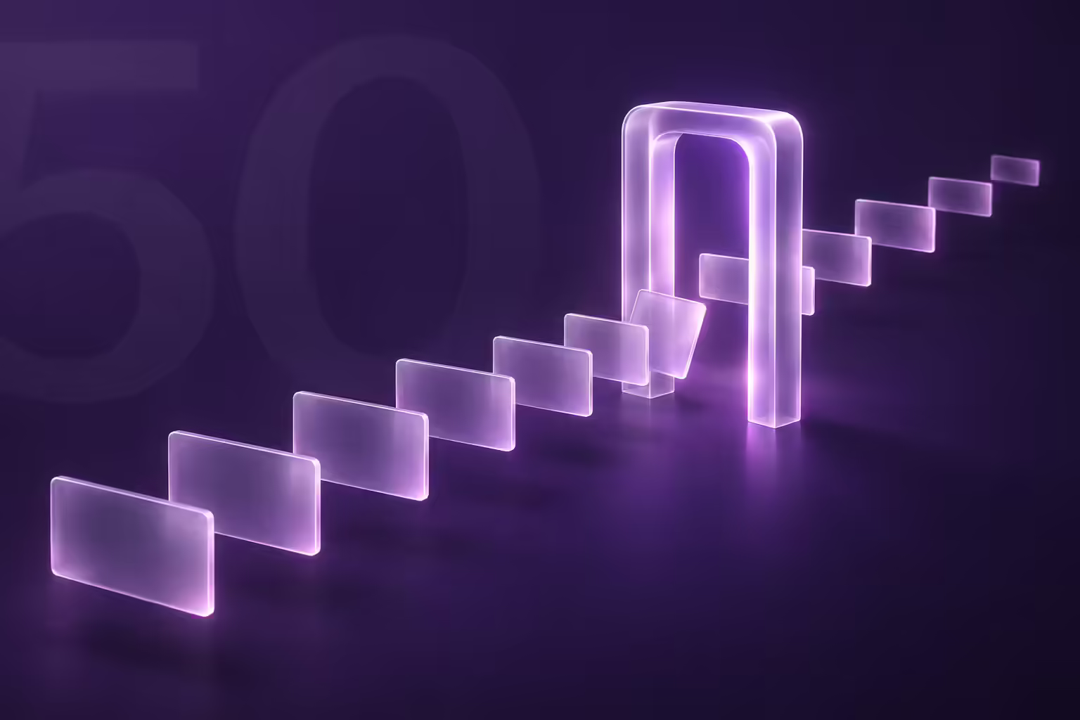 Frosted glass archway on a deep violet ground with a line of translucent glass panels approaching it, several passing through and one stalled just short of the opening.