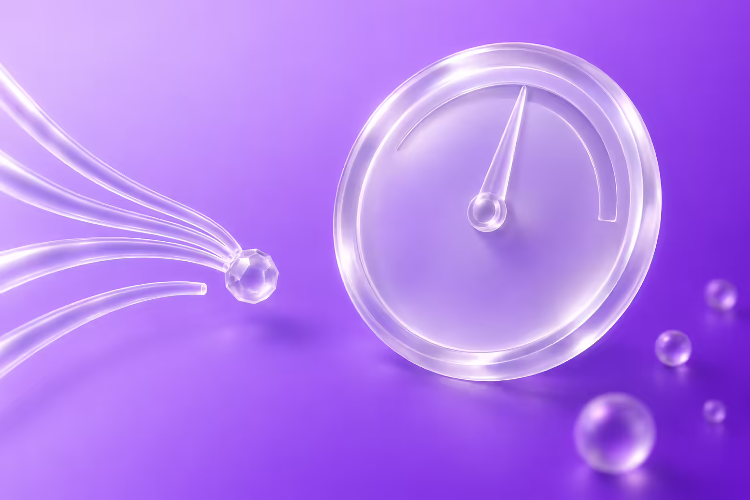 Frosted glass pacing dial with a blank face beside four glass tubes converging on a bead, one stopping short, on a lavender to purple gradient