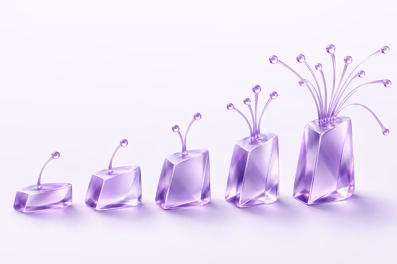 Five violet glass blocks rising in height, each sprouting more glass filaments than the last, the tallest fanning out beyond its own edge