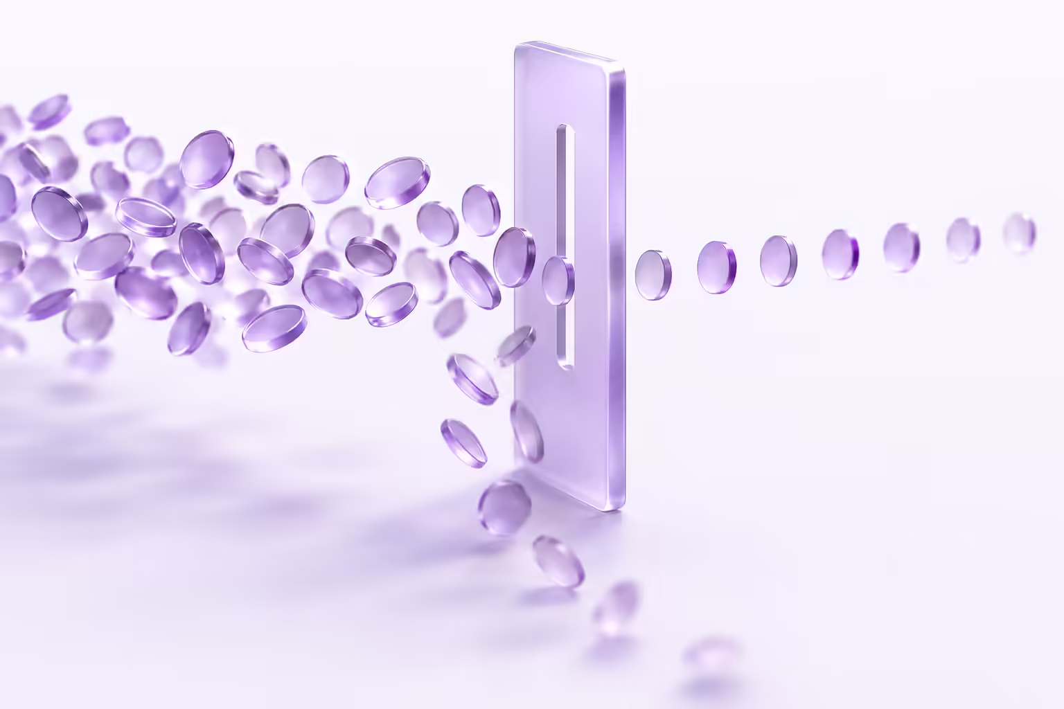 Wide drift of violet glass discs funnelling through a narrow slot in a glass plate, fewer emerging in single file, a handful tumbling away below