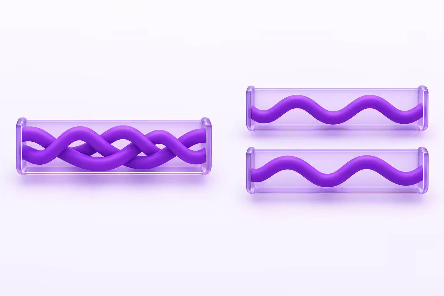 One frosted glass channel on a pale violet ground holding two purple waveforms braided into a single tangled band, next to two separate stacked glass channels each holding one clean, well spaced purple waveform