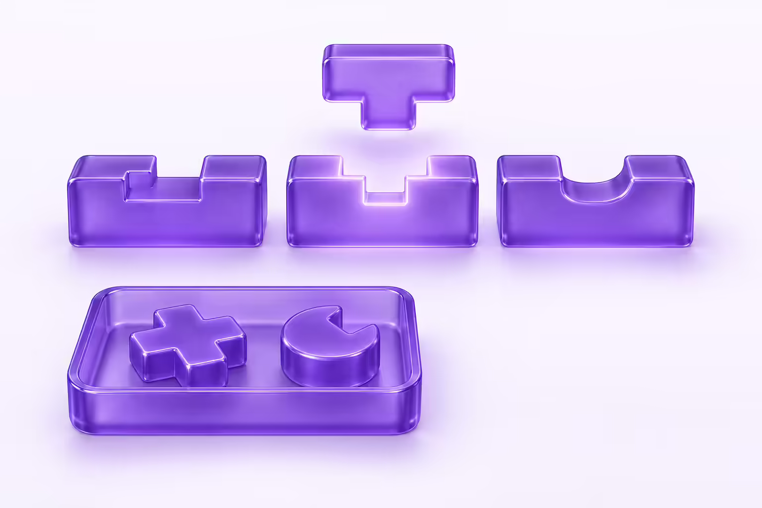 A notched glass token floating above a row of three glass slot blocks on a pale violet ground, the centre slot matching its profile and glowing, with a shallow glass tray below holding two more tokens that fit none of the slots