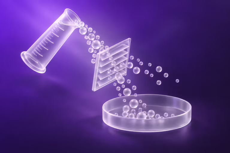 Frosted white glass illustration on a deep purple to near-black gradient: a tilted graduated glass vessel pours a cascade of small glass spheres toward a shallow glass basin, while a separate louvred glass panel floating in the stream deflects part of the cascade away.