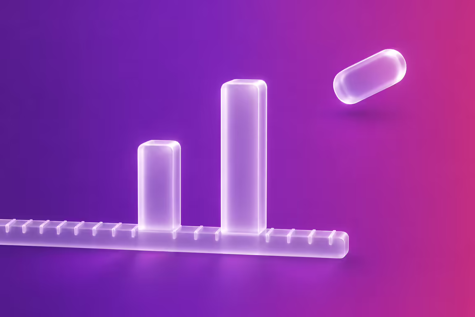 Two frosted white glass columns of different heights standing on a single notched measuring rail, with a third glass lozenge floating apart above them with no rail beneath it, on a purple to magenta gradient.