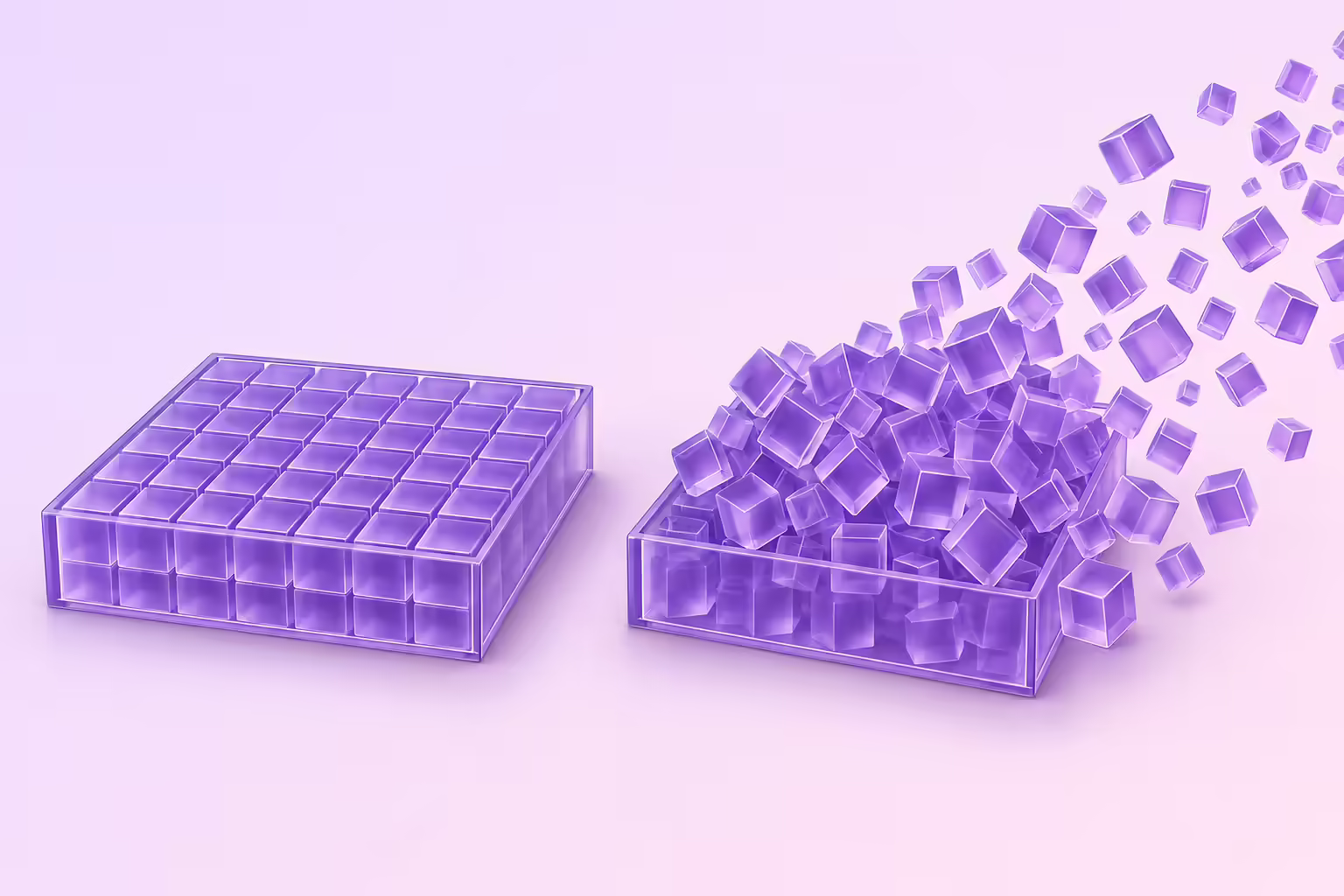 Two identical shallow glass trays on a pale lilac ground, the left one exactly filled by a complete grid of glass cubes, the right one overflowing with cubes spilling out past the frame