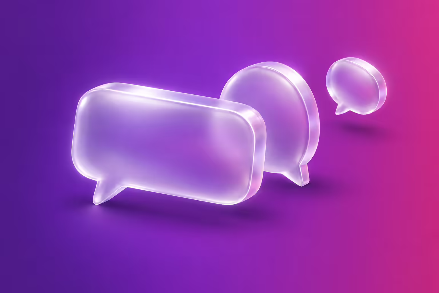 Three translucent frosted-glass speech bubbles of different sizes and shapes, one large and tilted, one upright oval behind it, one small one floating to the right, on a purple to magenta gradient background.