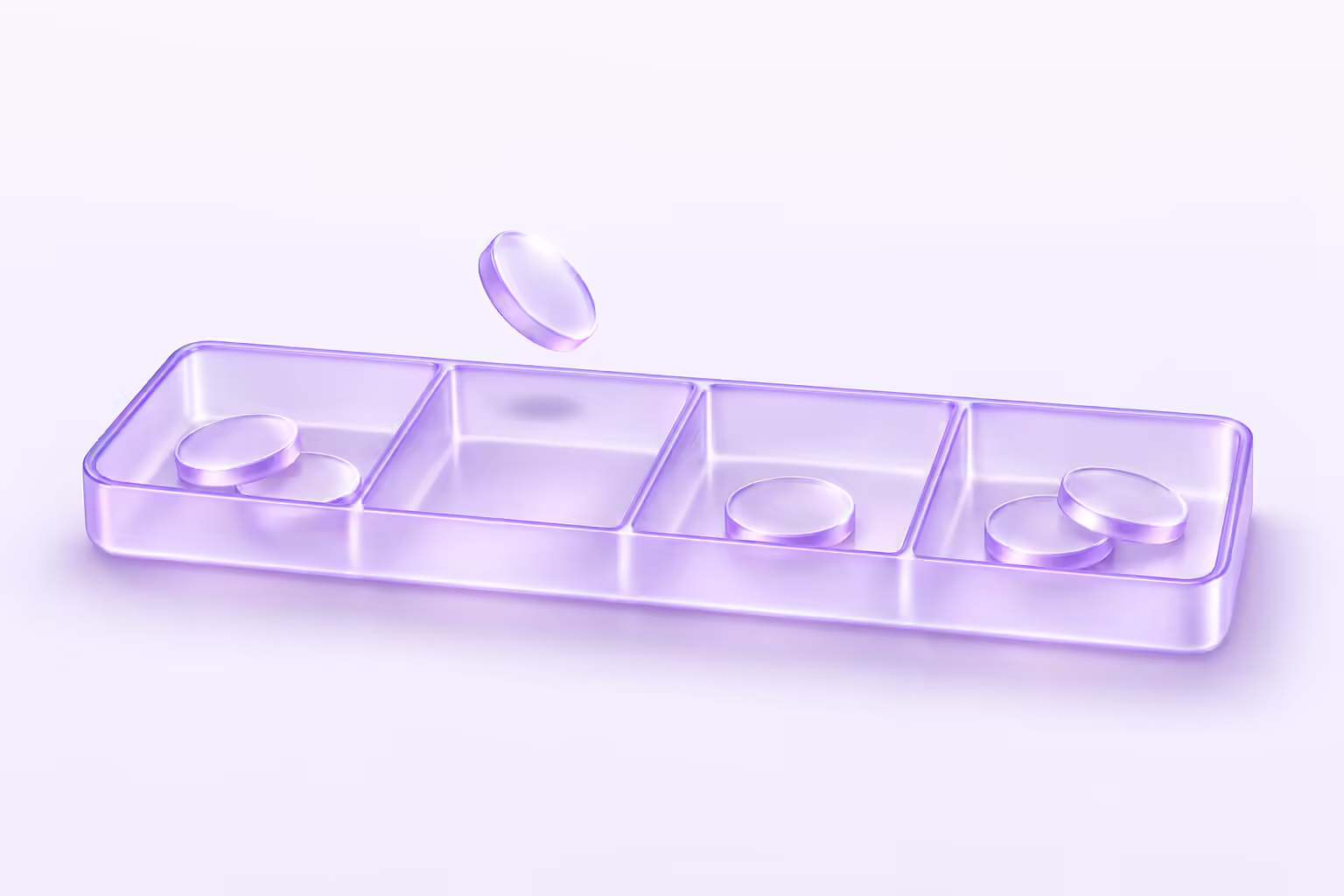 A long frosted-glass tray divided into four equal compartments holding glass discs, with one disc suspended in the air above the second compartment on its way down.