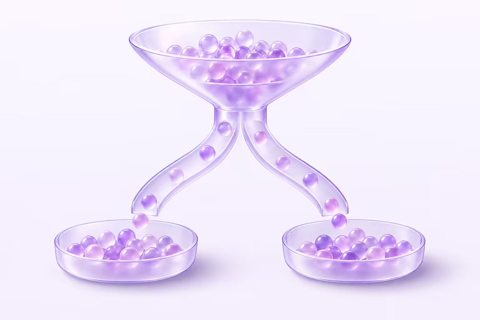 A frosted-glass hopper full of small violet spheres feeding two crossing glass chutes that drop the spheres in alternation into two identical shallow glass trays holding similar amounts.
