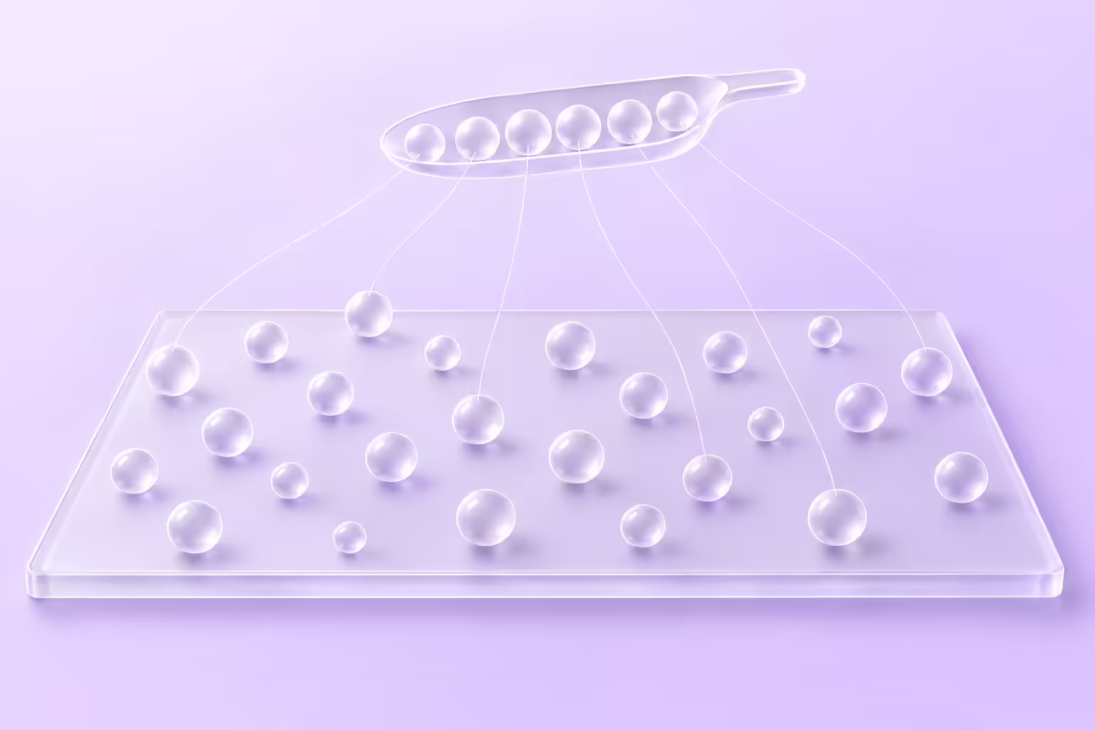 Frosted glass diagram showing a wide flat plate scattered evenly with small glass spheres, and a slender glass scoop floating above it holding six spheres, fine threads tracing each one back to a sphere drawn from a different part of the plate.