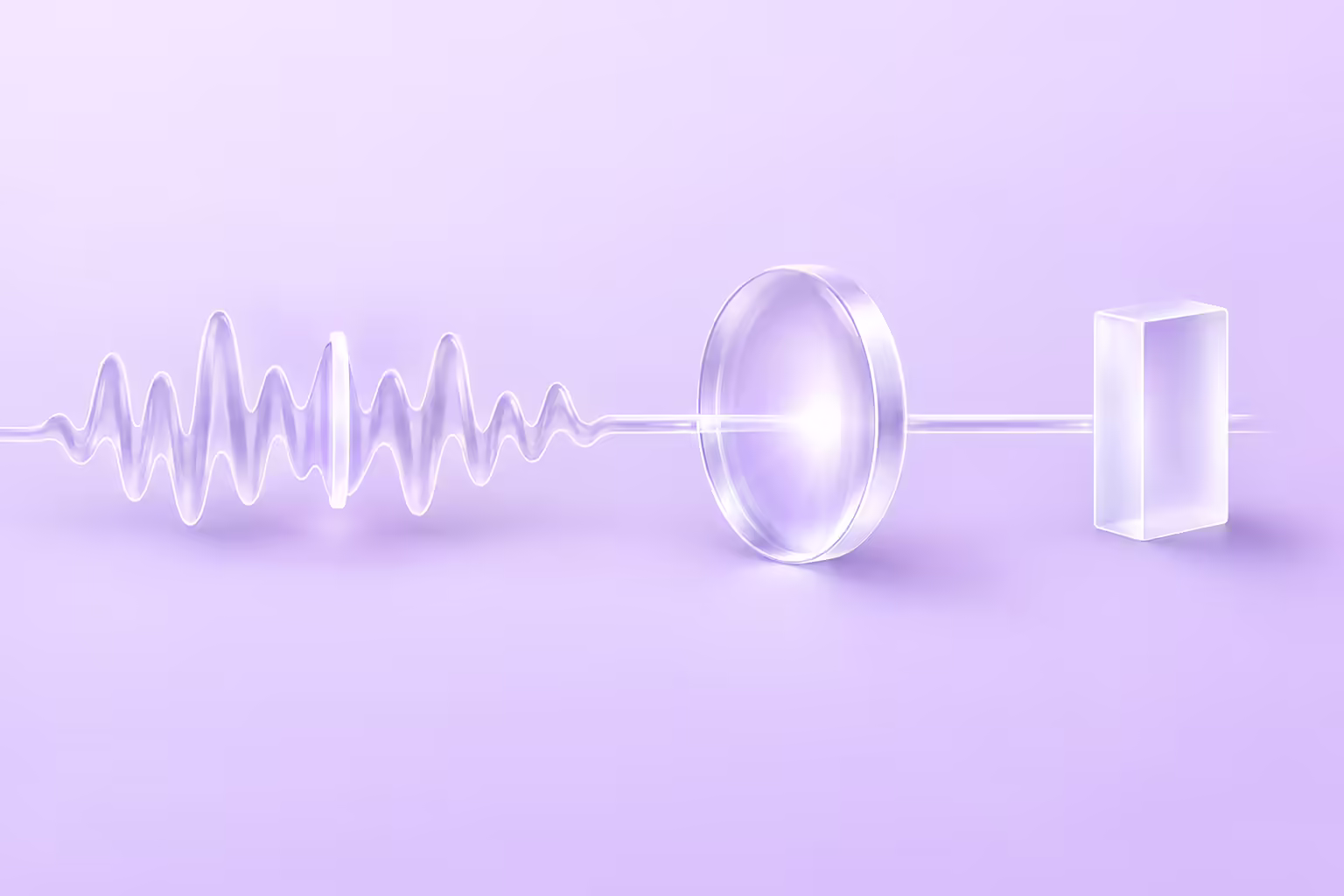 Frosted glass diagram of three forms linked along a horizontal rail, a rippled sound wave with one bright upright marker, a thick convex lens concentrating light to a point, and a single small solid block.