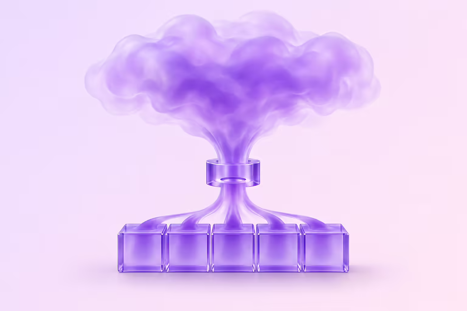 A diffuse glass cloud funnels down through one small rigid glass gate into a tidy row of five identical interlocking glass blocks on a pale lilac ground