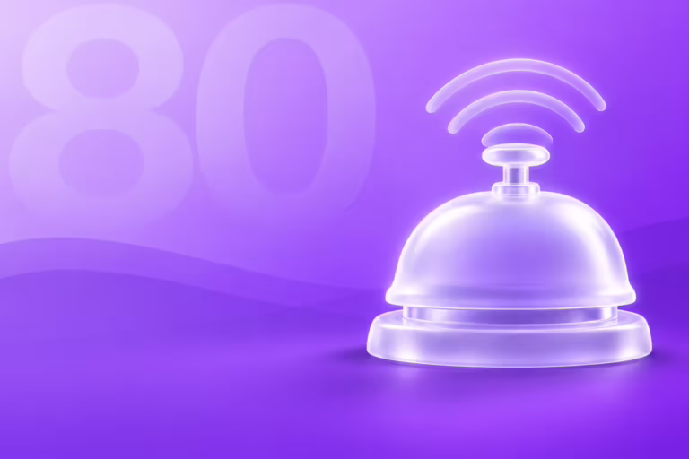 Frosted glass front desk service bell with ring arcs and a ghosted numeral 80 on a purple gradient